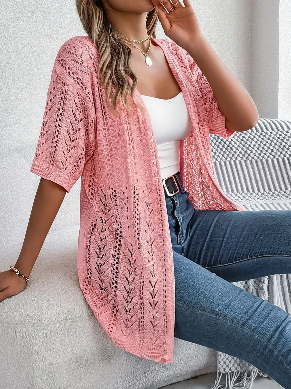 Openwork Open Front Half Sleeve Cardigan – White, Tan & Burnt Coral