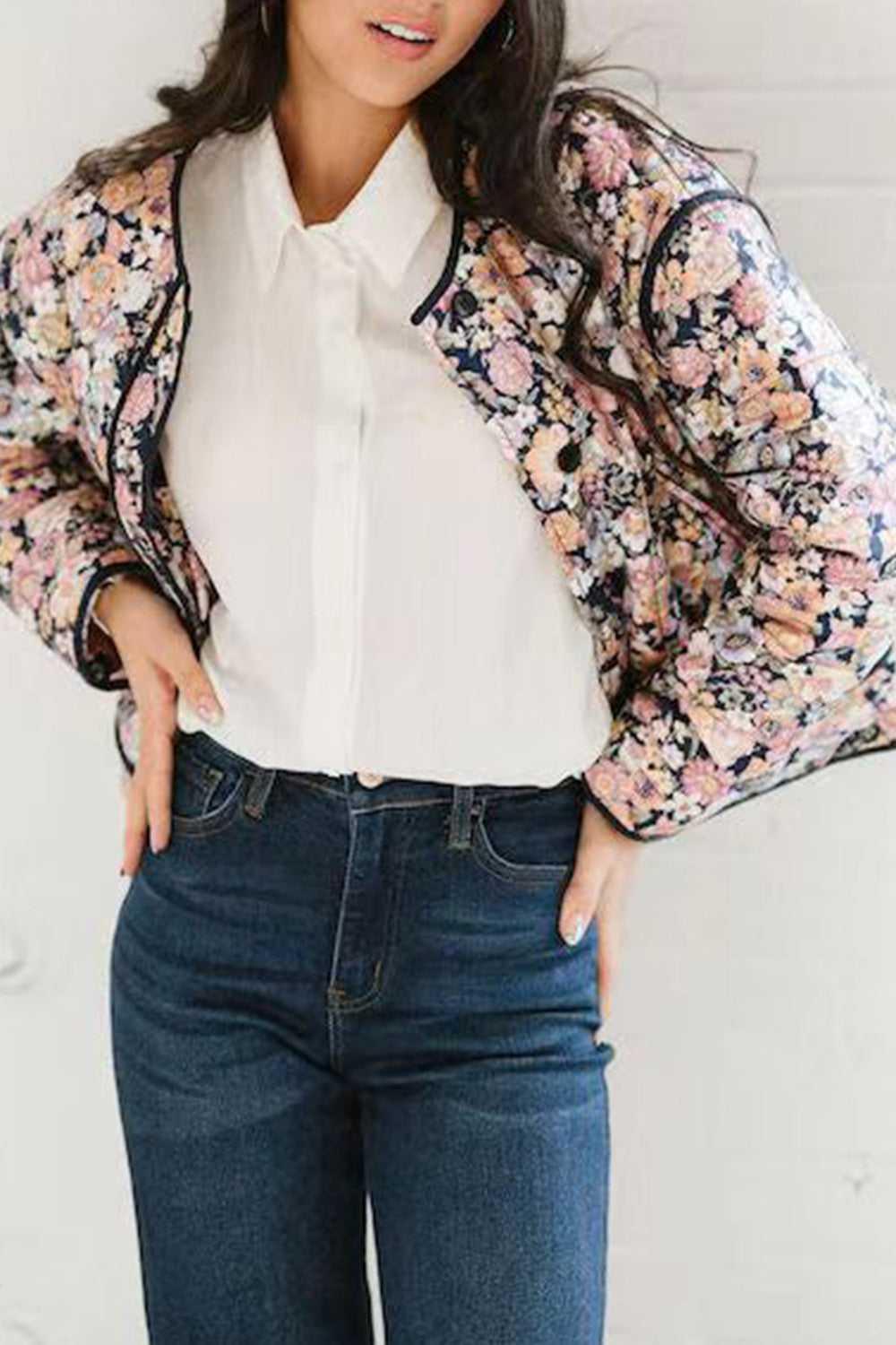 Floral Button Up Long Sleeve Winter Coat -- 