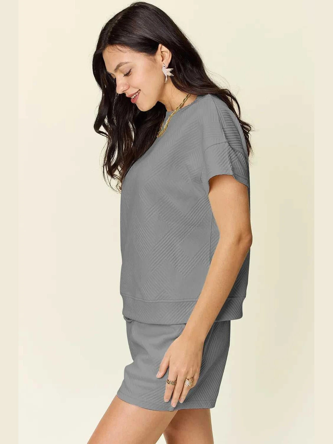 Double Take Full Size Texture Short Sleeve T-Shirt and Drawstring Shorts Set -- 