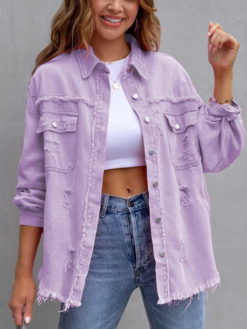 Distressed Drop Shoulder Denim Jacket -- 