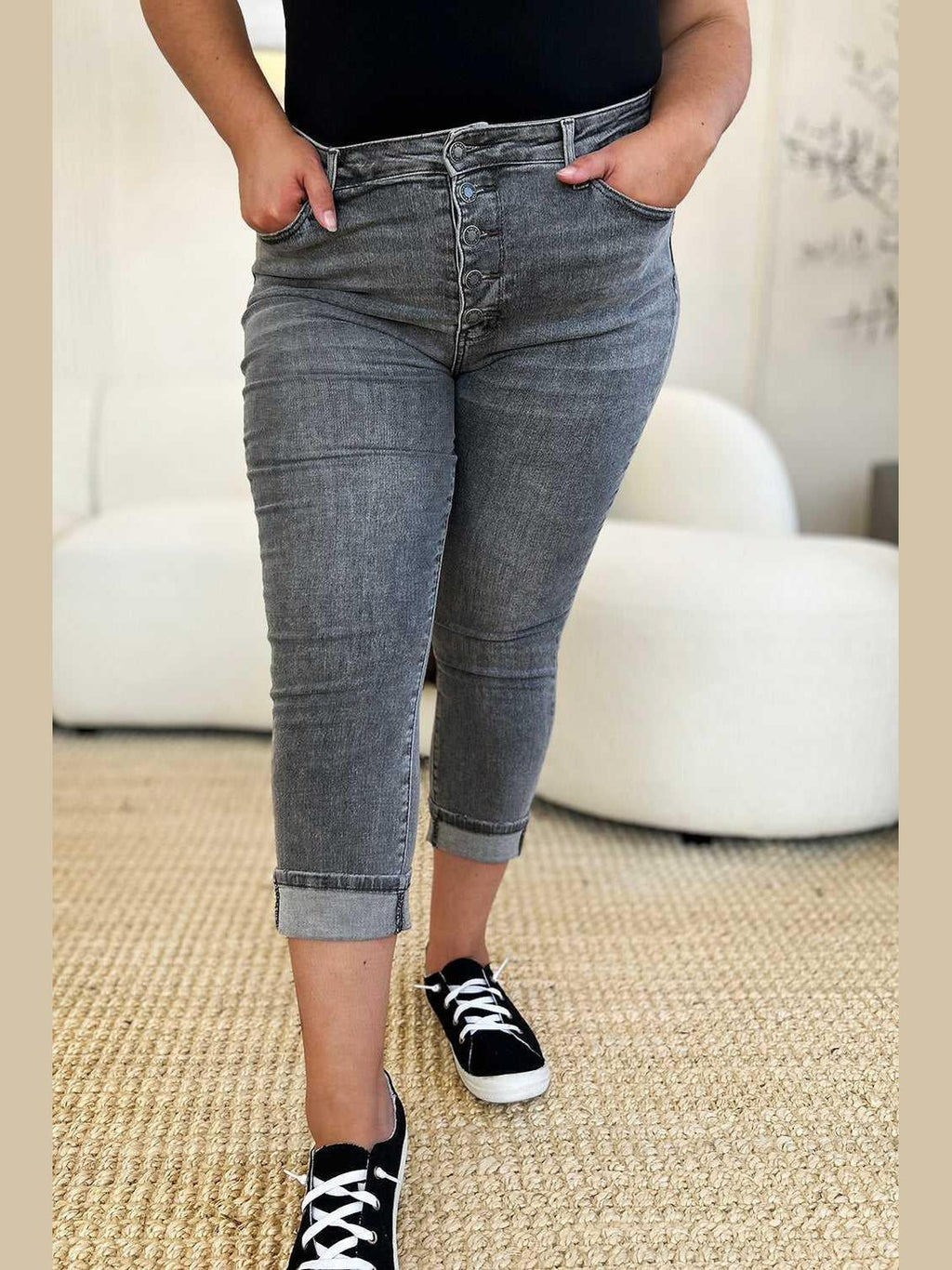 Judy Blue Full Size Button Fly High Waist Cuffed Capris -- 