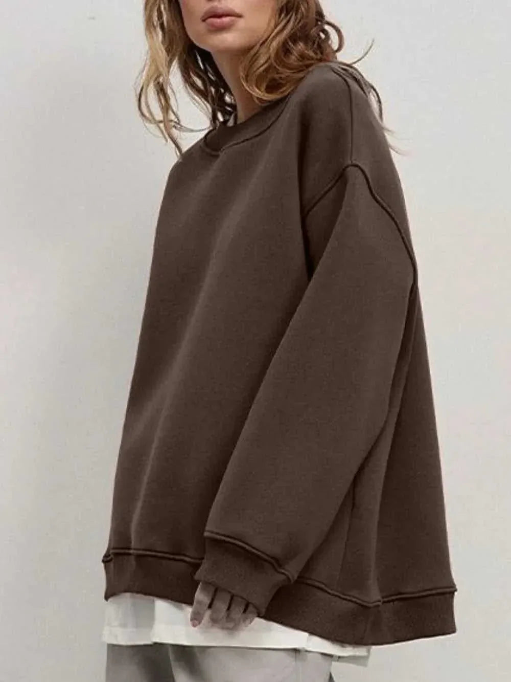 Round Neck Dropped Shoulder Long Sleeve Sweatshirt -- 