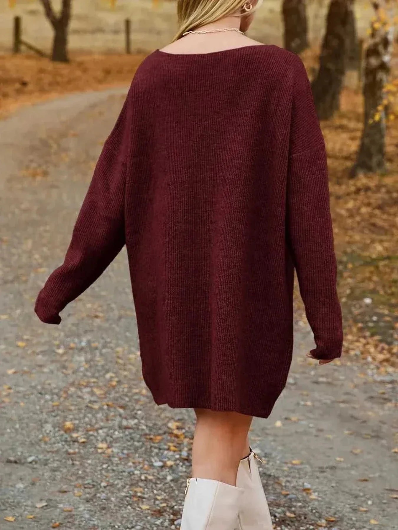V-Neck Dropped Shoulder Sweater Dress -- 