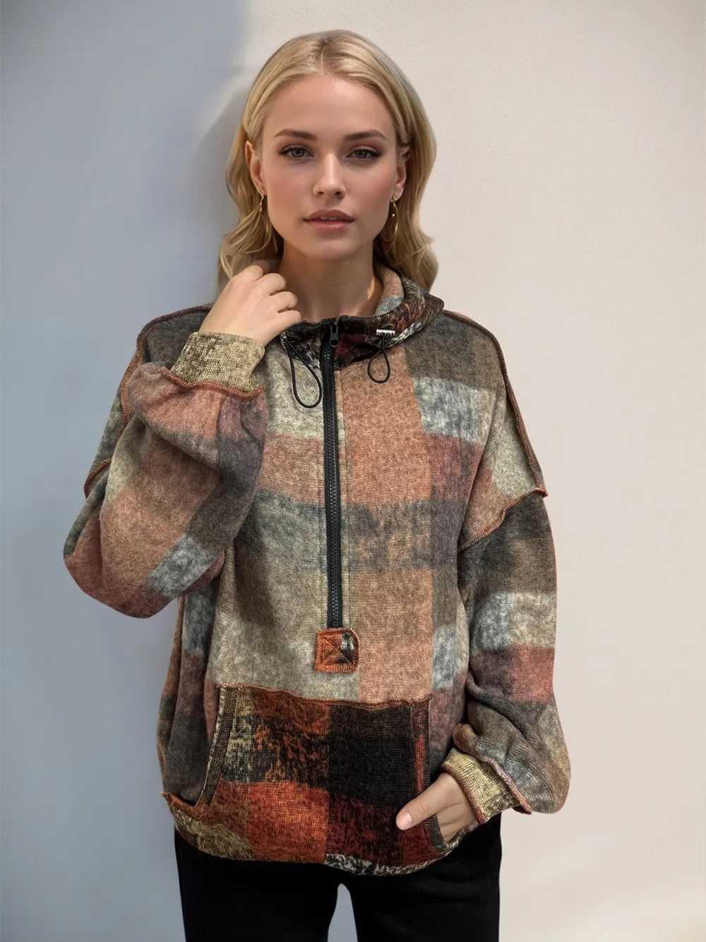 Double Take Full Size Half Zip Exposed Seam Fleece Hoodie -- 