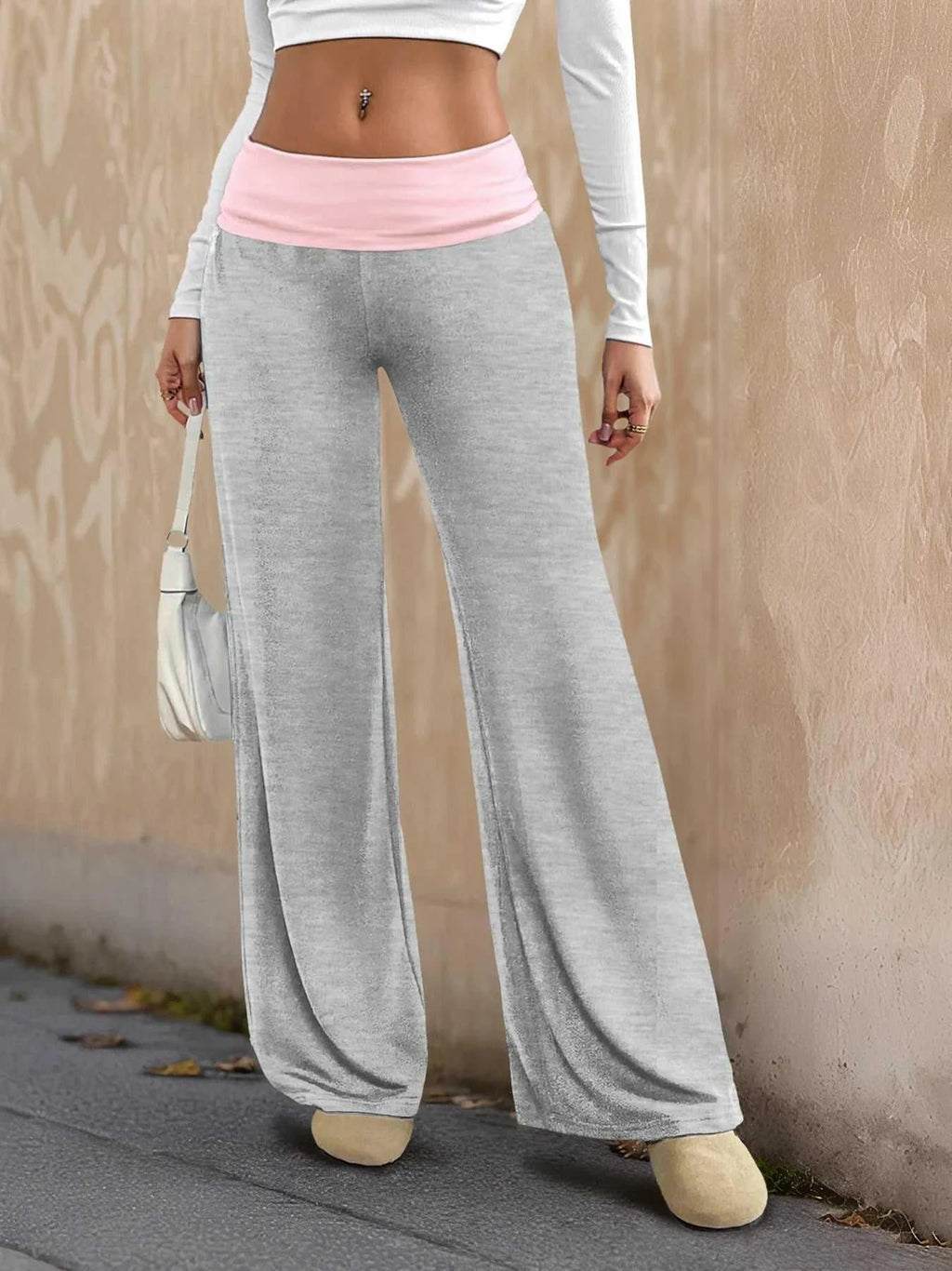 Contrast Waistband Wide Leg Pants -- 