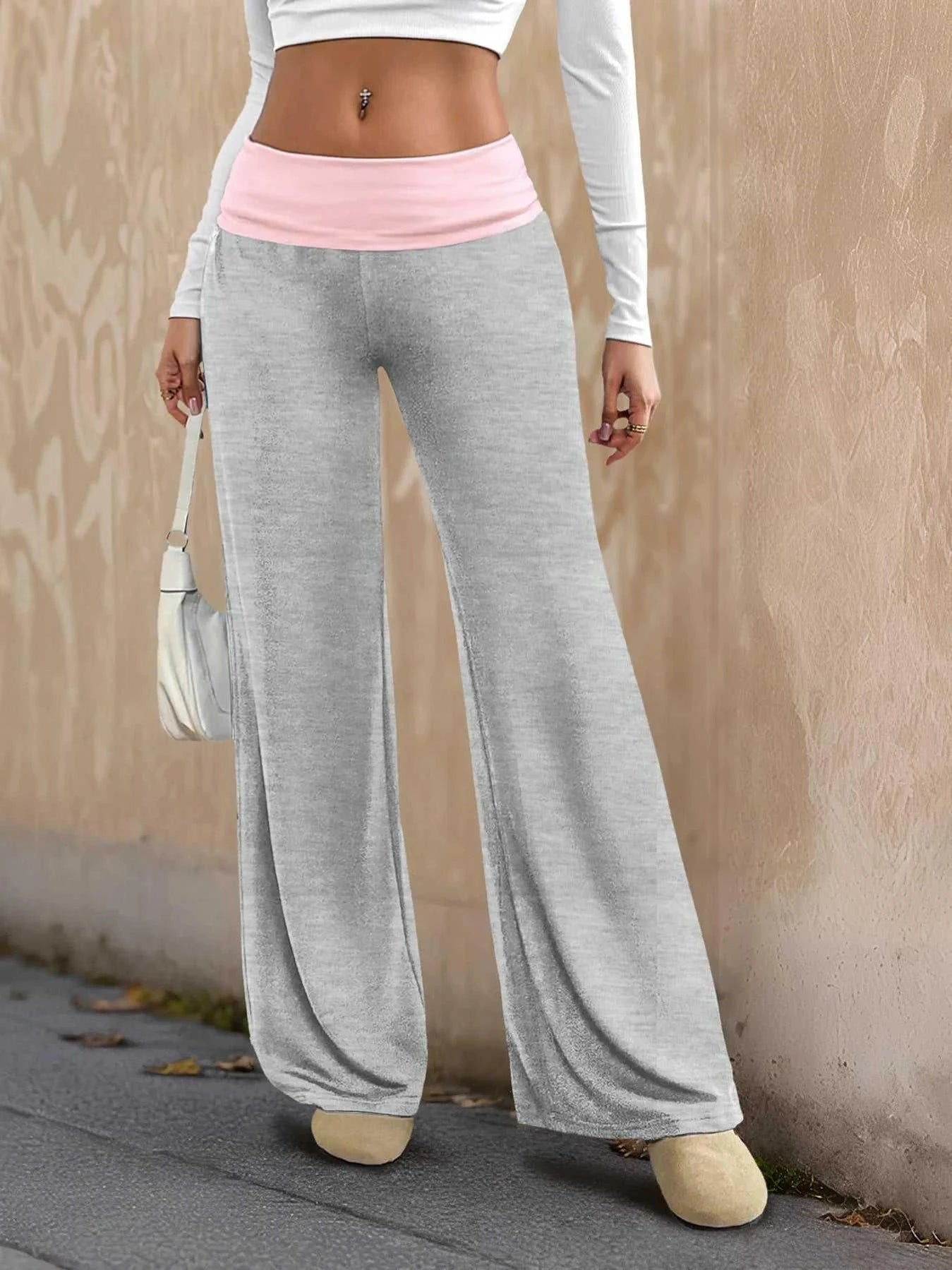 Contrast Waistband Wide Leg Pants -- 