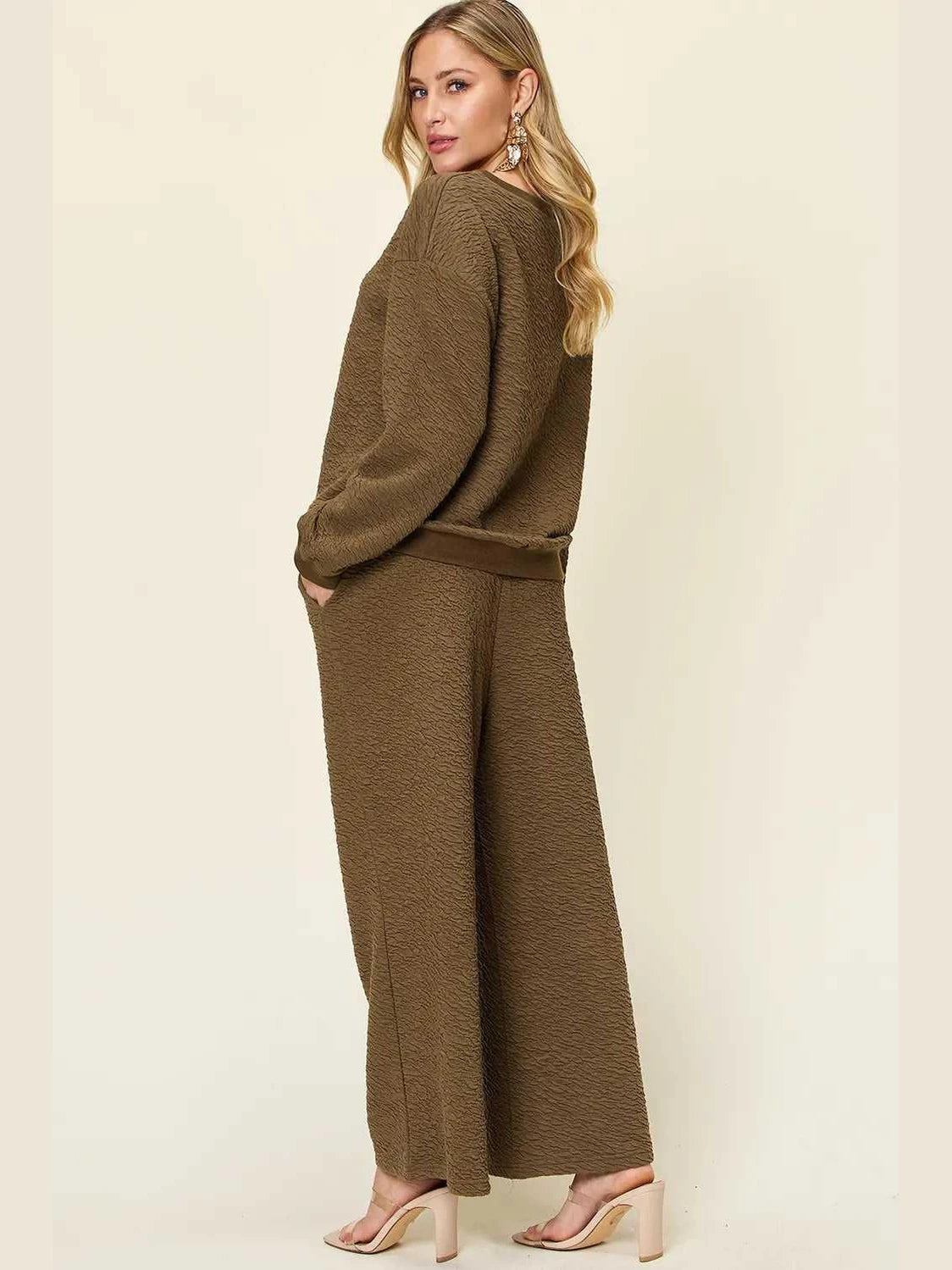 Double Take Full Size Texture Long Sleeve Top and Pants Set -- 