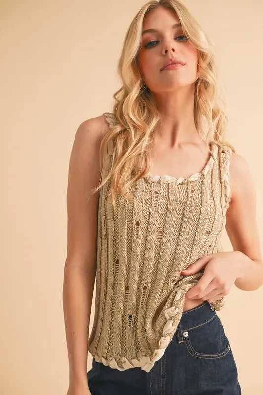 Aemi+Co Distressed Detail Round Neck Knit Tank