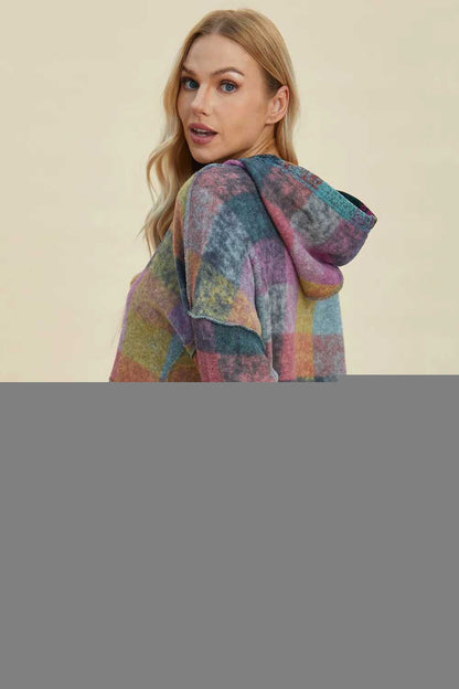 Double Take Full Size Plaid Dropped Shoulder Fleece Hoodie