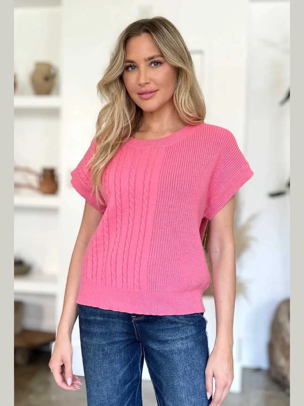 Double Take Full Size Cable-Knit Round Neck Short Sleeve Sweater -- 