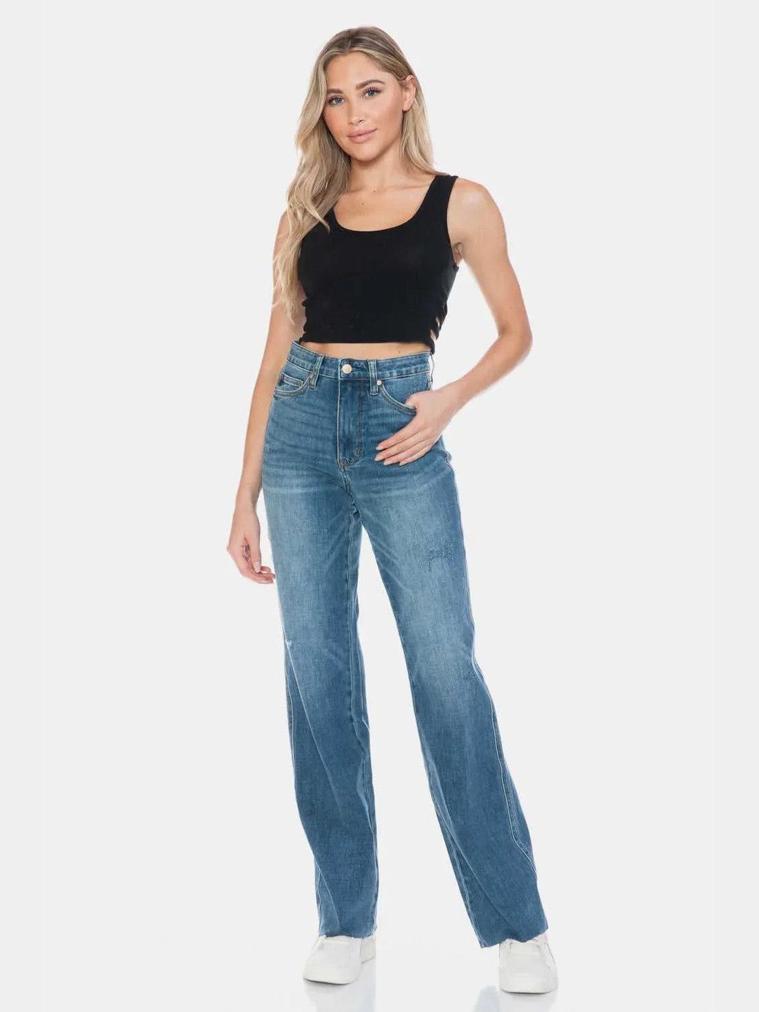 Judy Blue Full Size Tummy Control Cut Raw Hem Straight Jeans -- 