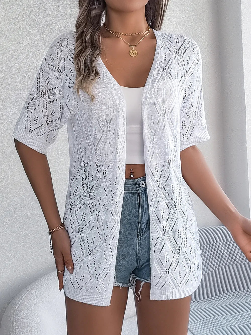 Openwork Open Front Half Sleeve Cardigan – White, Khaki & Blush Pink