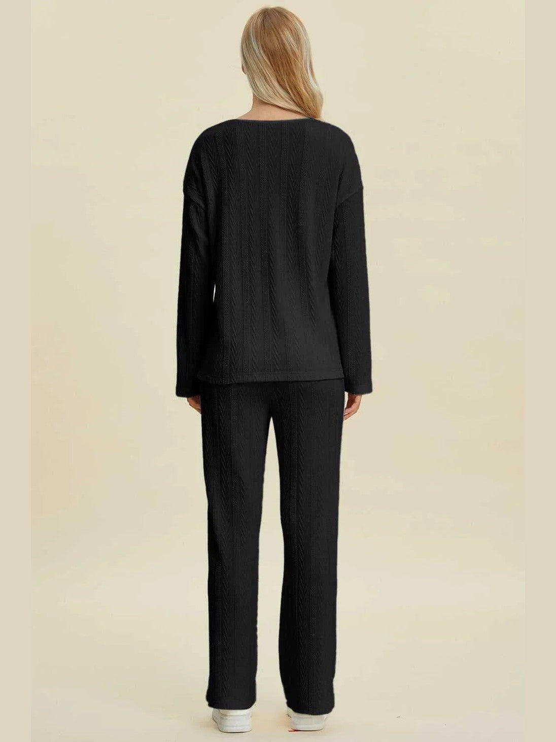 Double Take Full Size Cable-Knit Long Sleeve Top and Pants Set -- 