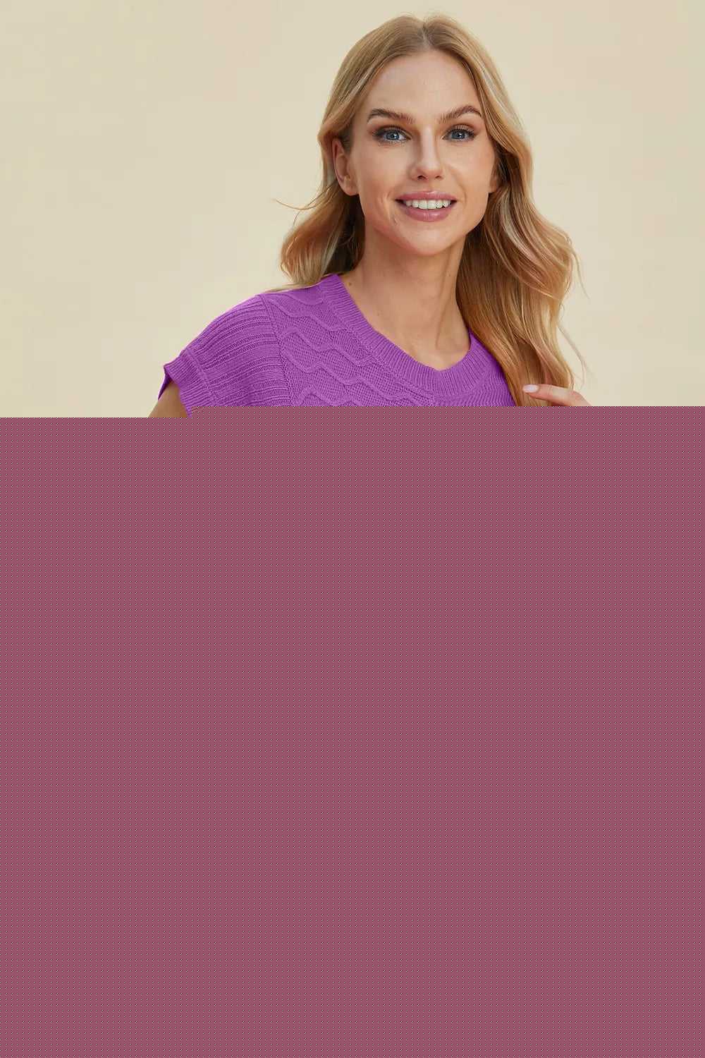 Double Take Full Size Cable-Knit Round Neck Cap Sleeve Sweater -- 