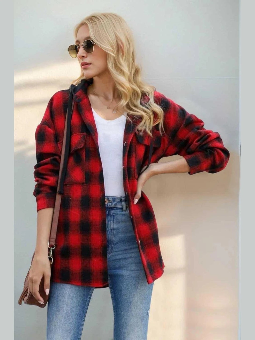 Double Take Drawstring Plaid Long Sleeve Hooded Shacket -- 