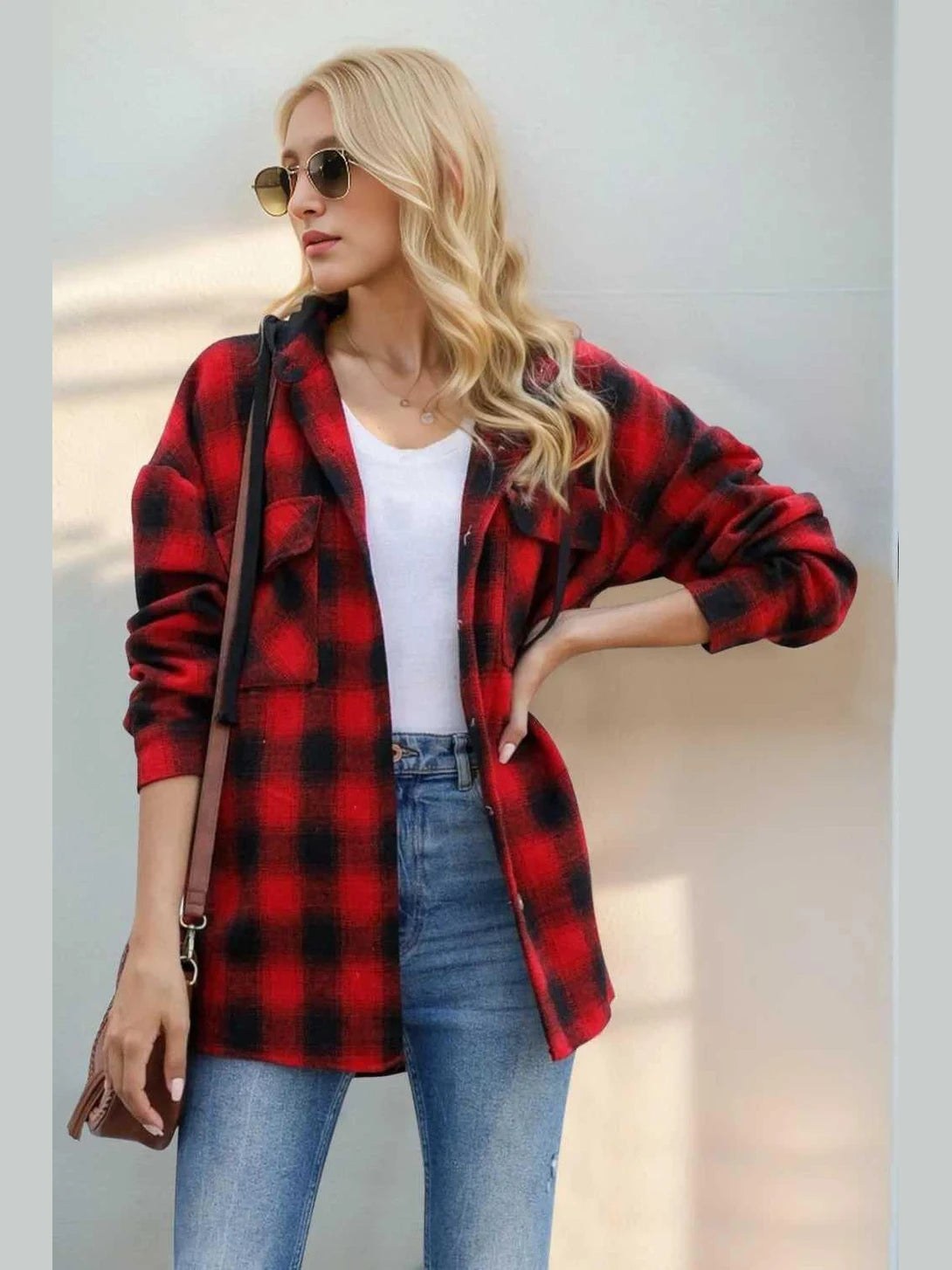 Double Take Drawstring Plaid Long Sleeve Hooded Shacket -- 
