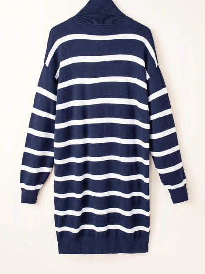 Striped O-ring Zip Collared Loose Sweater Mini Dress
