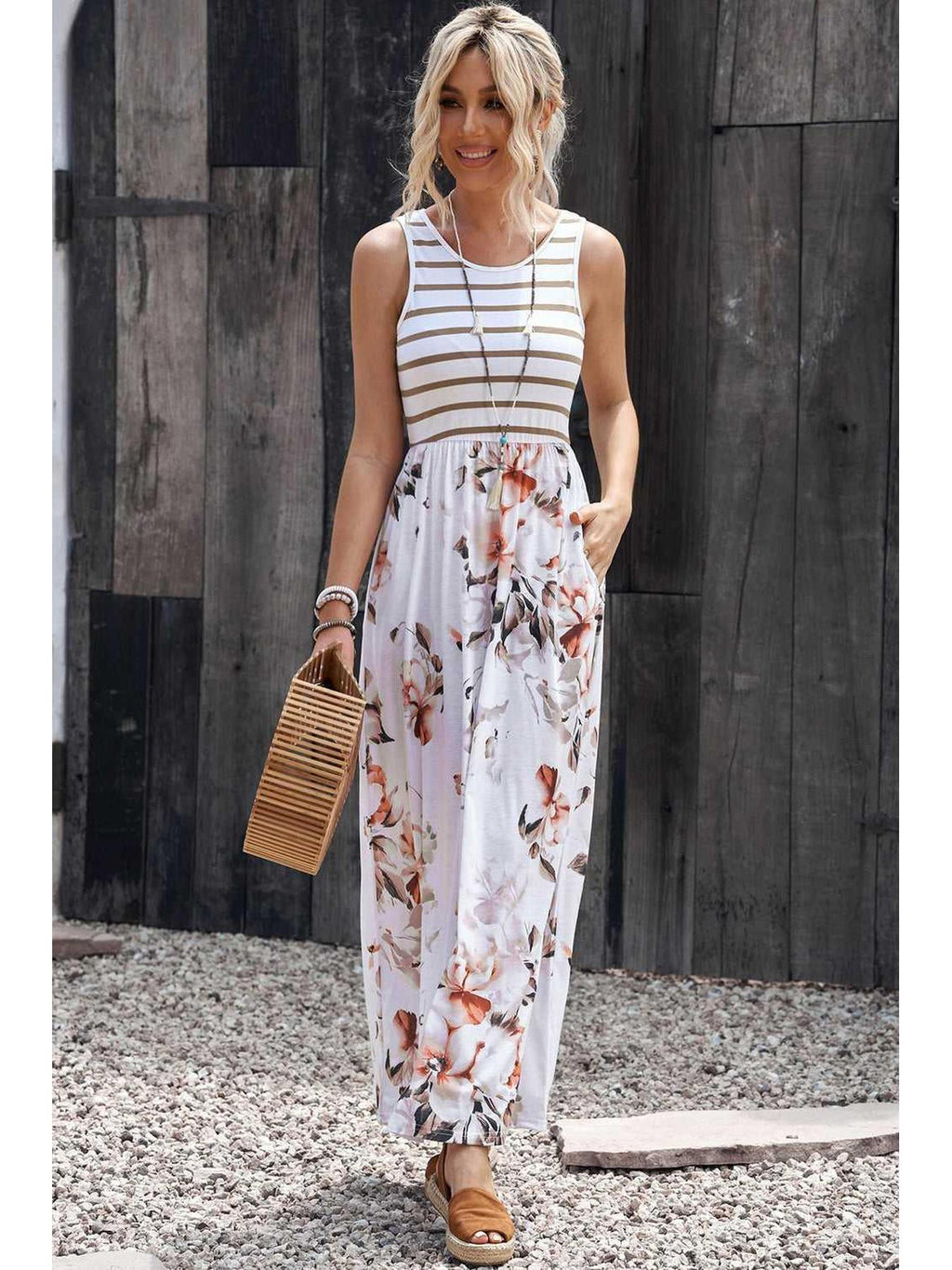 Striped Floral Round Neck Sleeveless Maxi Dress -- 