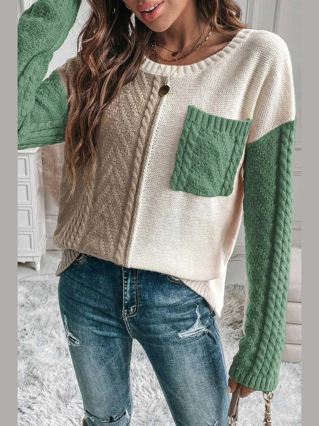 Double Take Full Size Color Block Drop Shoulder Sweater -- 