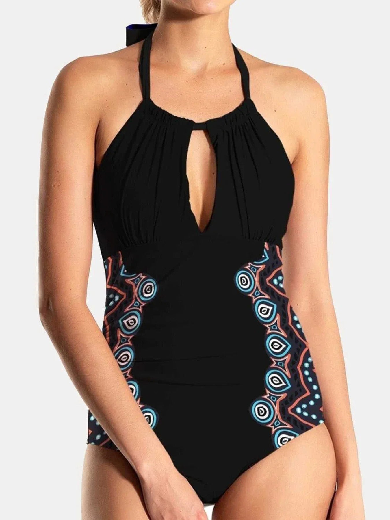FAM-FAM Cutout Printed Halter Neck One-Piece Swimwear -- 