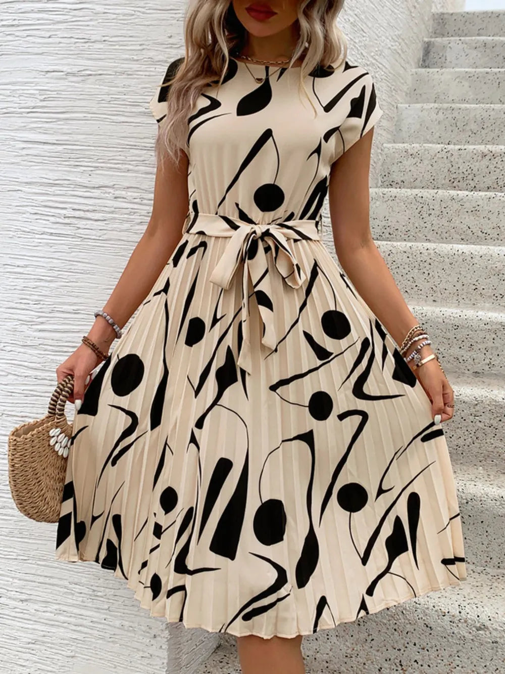 Tied Pleated Printed Midi Dress – Modest Cap Sleeve