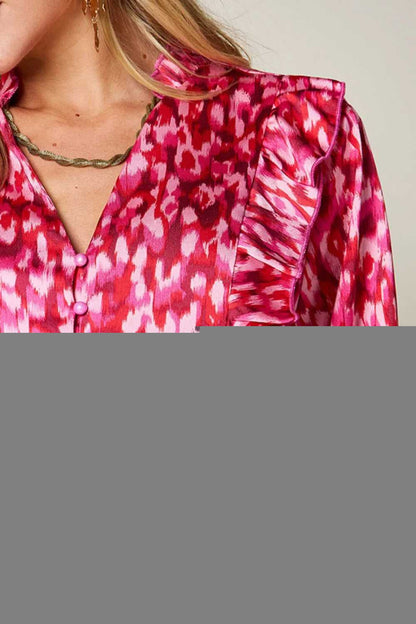 Double Take Full Size Printed Ruffle Trim Balloon Sleeve Shirt