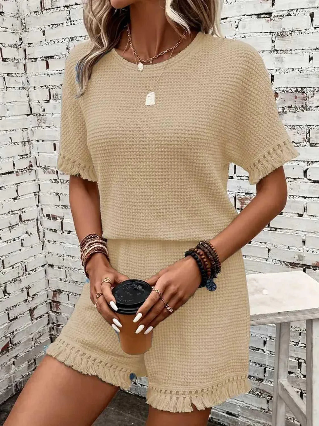 Tassel Round Neck Top and Shorts Set -- 