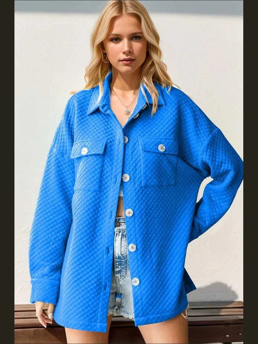 Double Take Full Size Textured Button Up Drop Shoulder Shacket -- 
