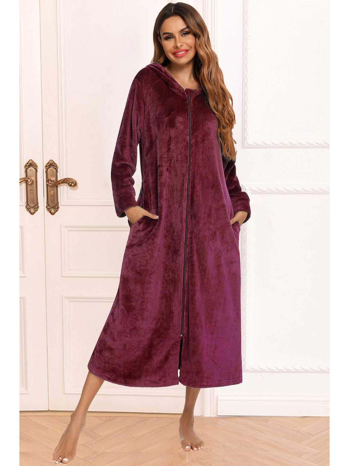 Zip Front Hooded Night Dress with Pockets -- 