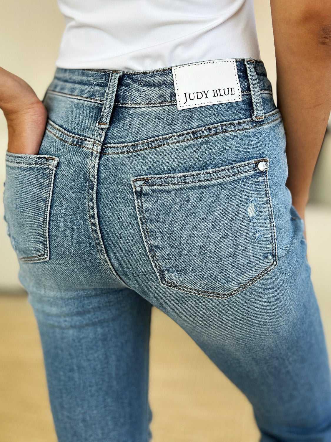 Judy Blue Full Size Mid Rise Destroyed Hem Distressed Jeans -- 