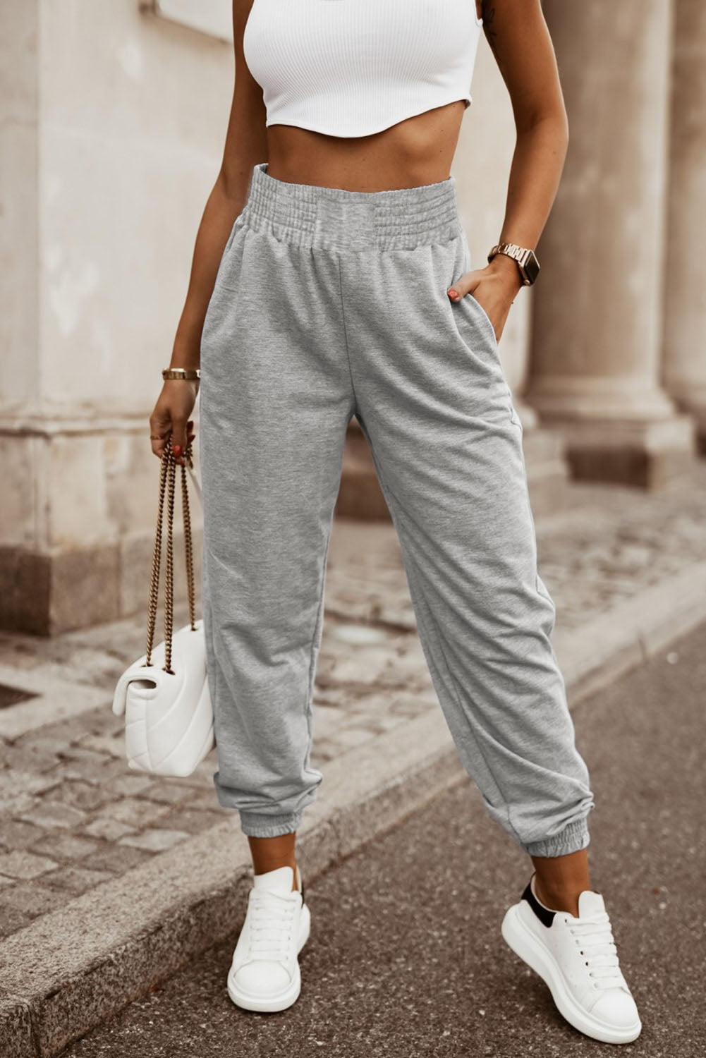 Gray Smocked High Waist Jogger Pants
