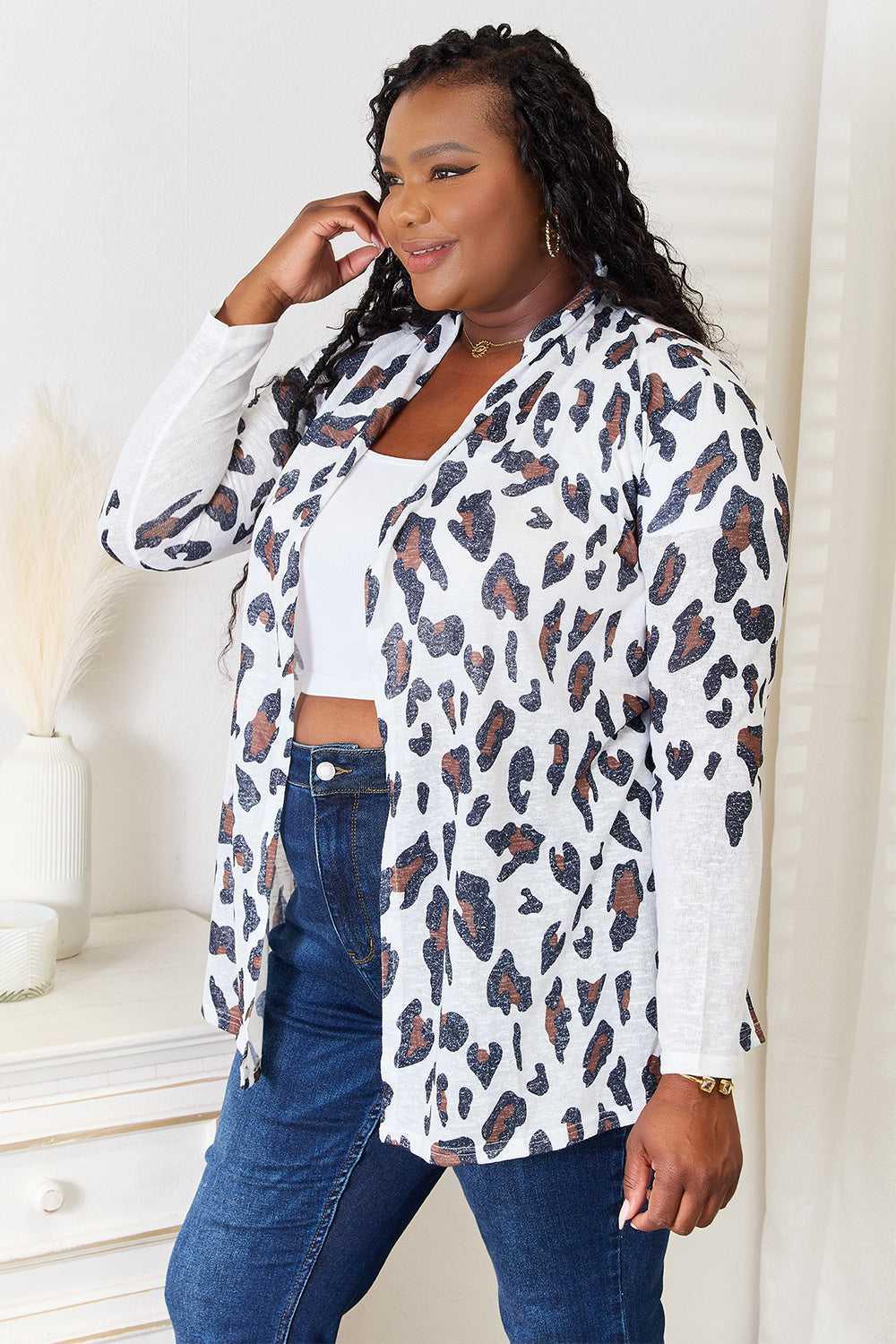 Double Take Leopard Long Sleeve Cardigan -- 