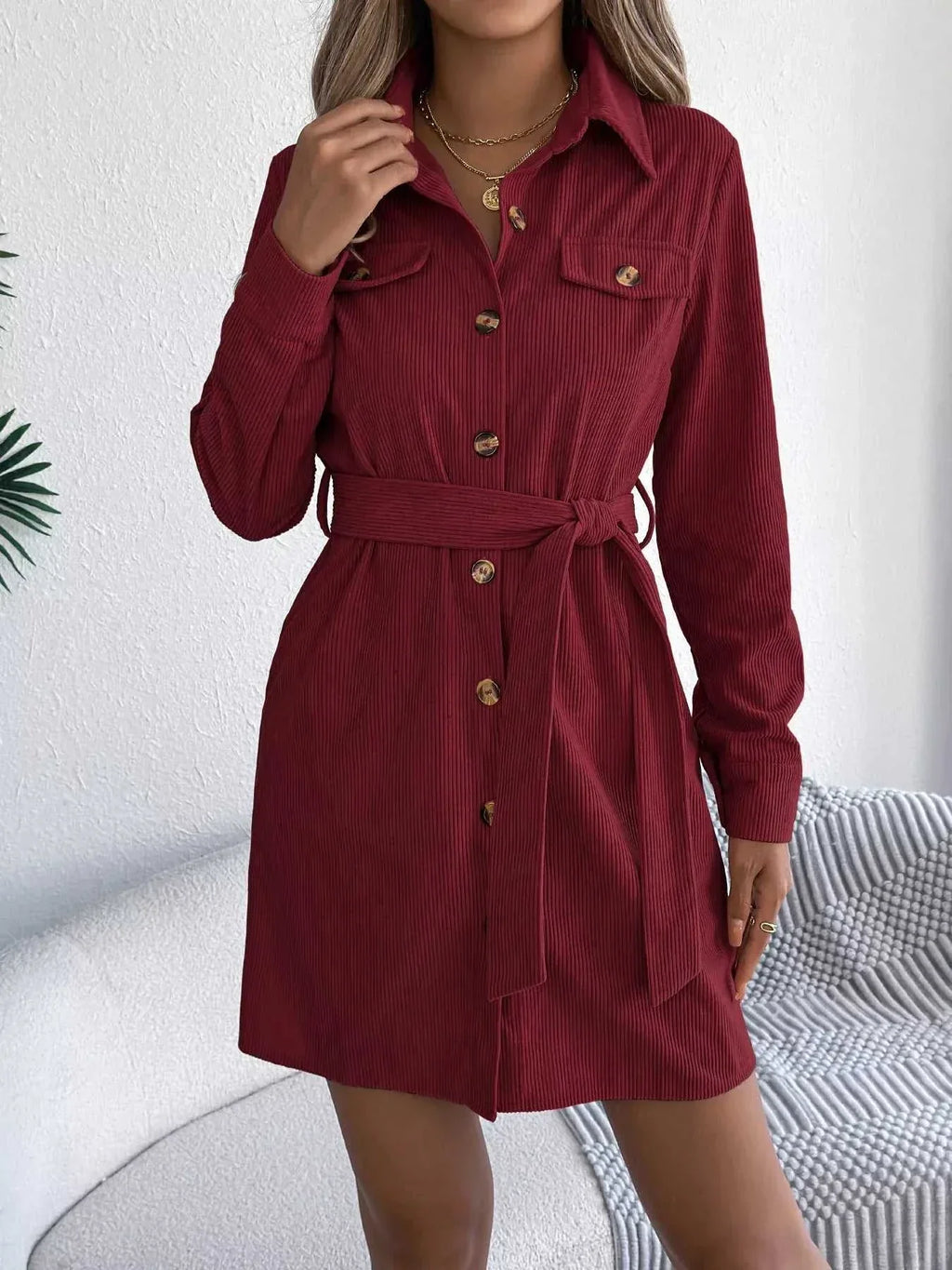 Button-Front Corduroy Shirt Dress -- 