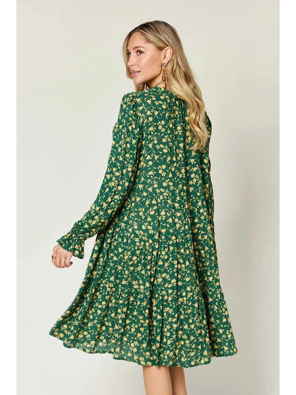 Double Take Full Size Printed Ruffle Hem Long Sleeve Tiered Dress -- 