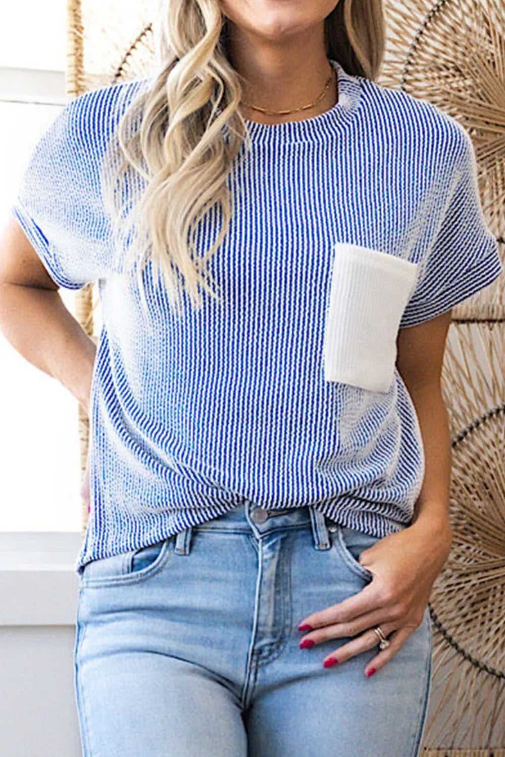 Corded Knit Color Block Pocketed Crew Neck T Shirt
