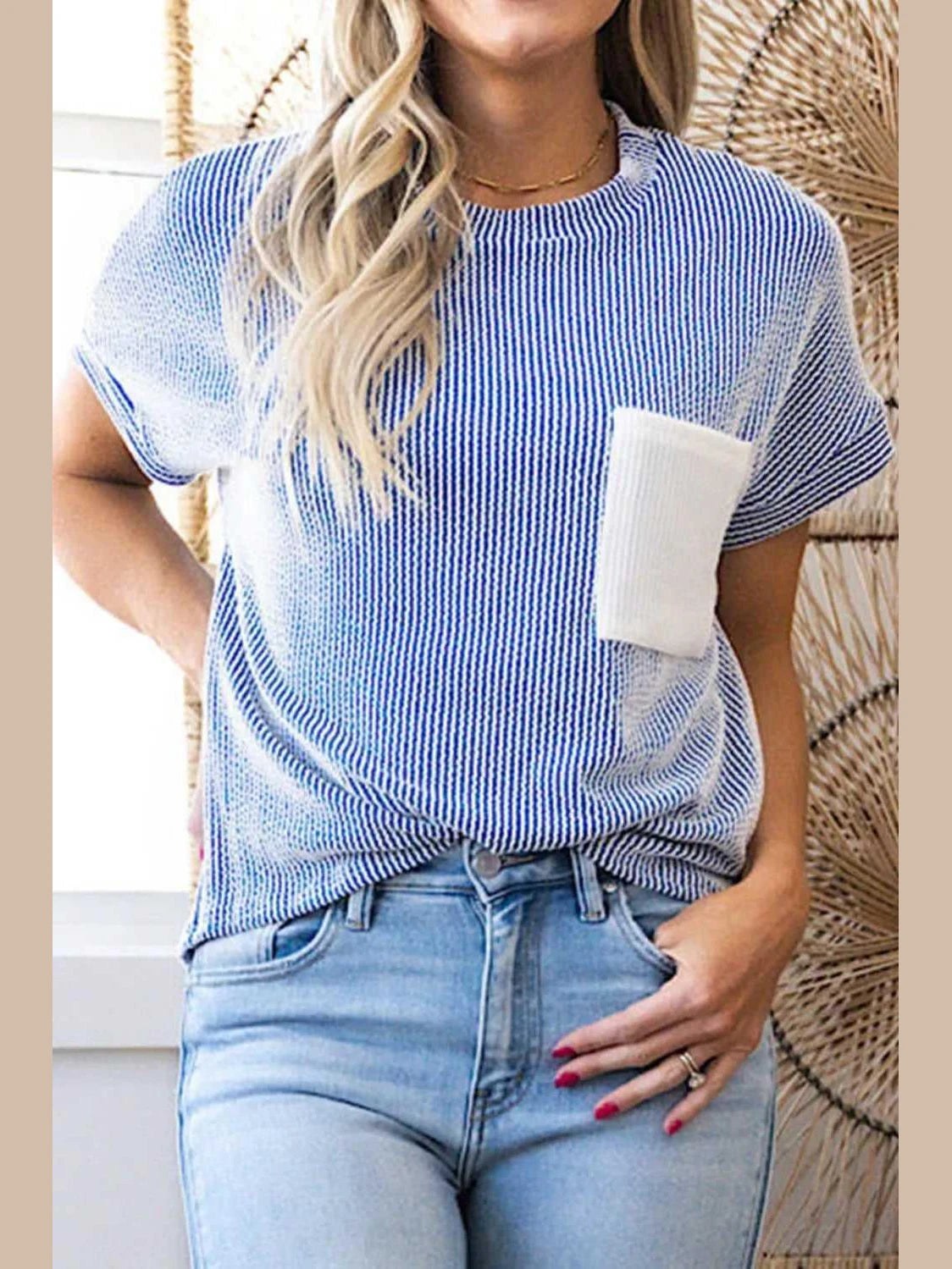 Corded Knit Color Block Pocketed Crew Neck T Shirt -- 