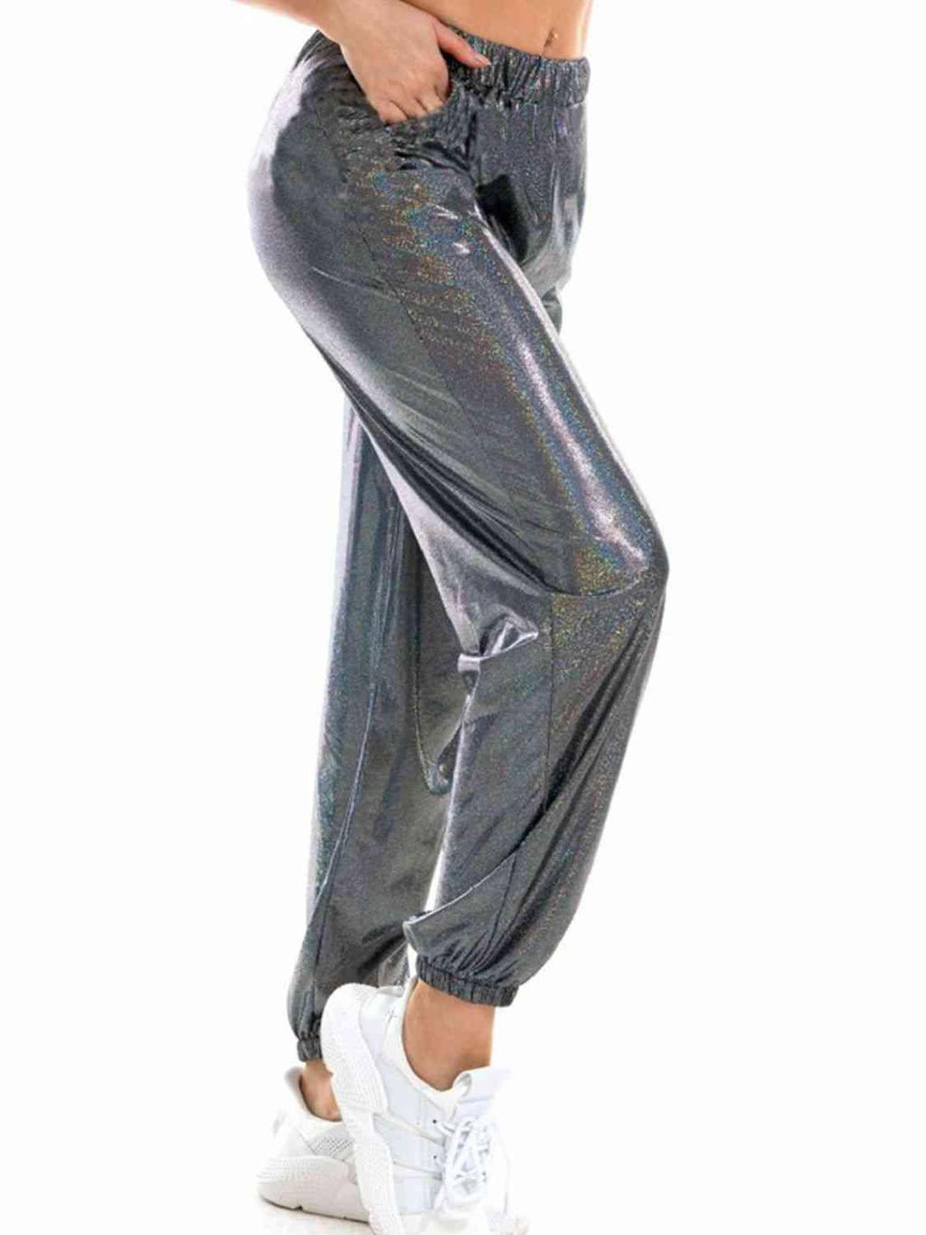 Glitter Elastic Waist Pants with Pockets -- 