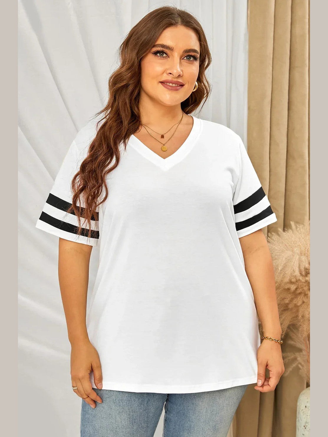 Plus Size Striped V-Neck Tee Shirt -- 