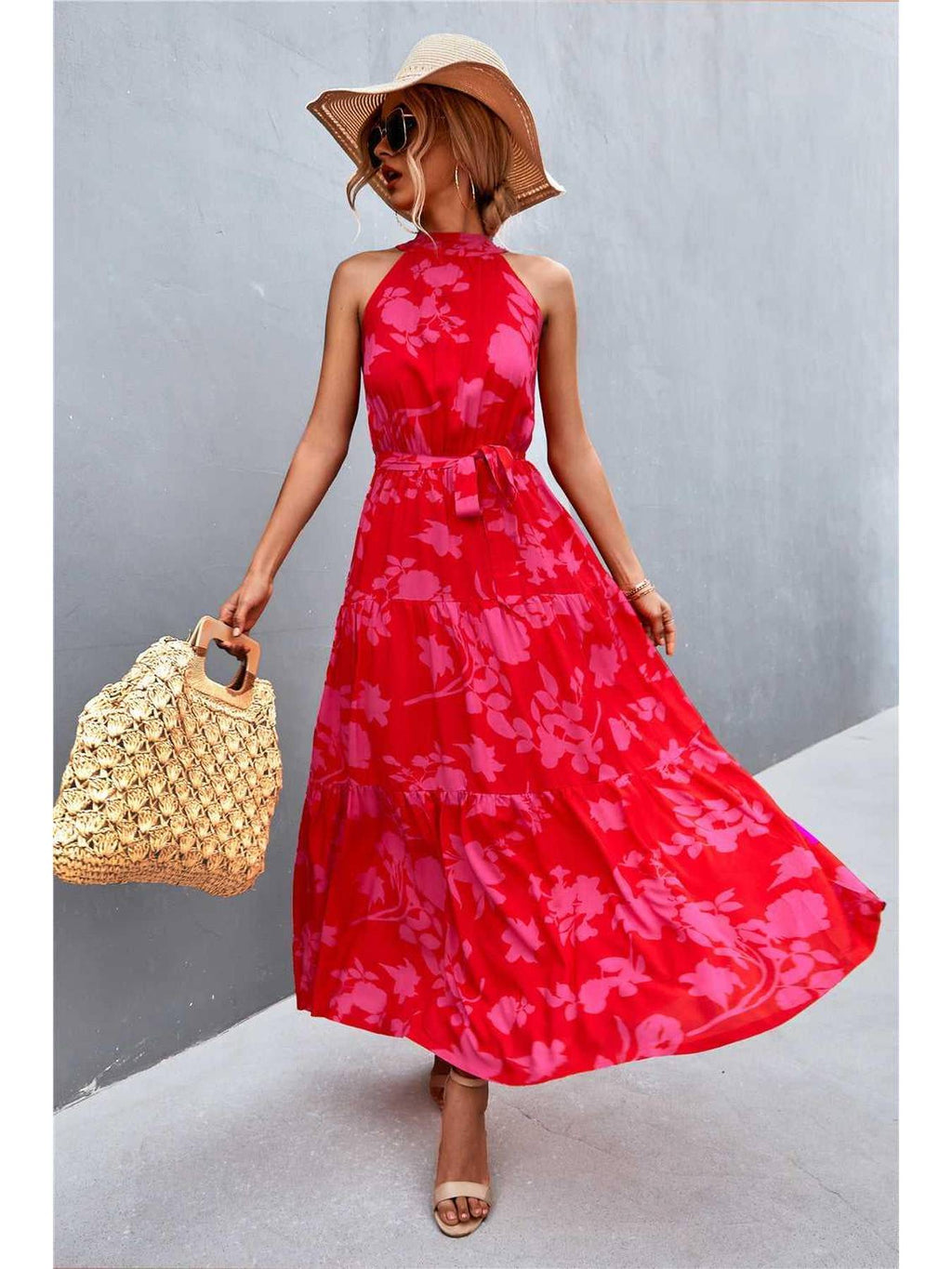 Printed Sleeveless Tie Waist Maxi Dress -- 