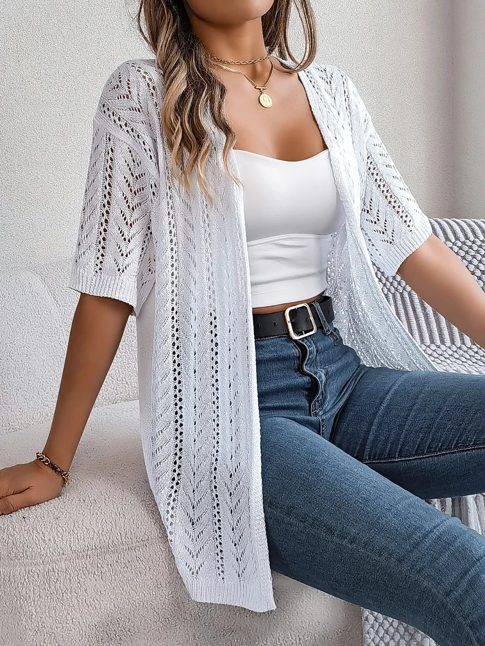 Openwork Open Front Half Sleeve Cardigan – White, Tan & Burnt Coral