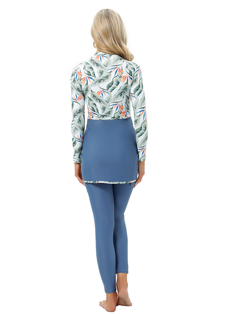 Printed Conservative Burkini Swimsuit | Zipper + Chest Pad