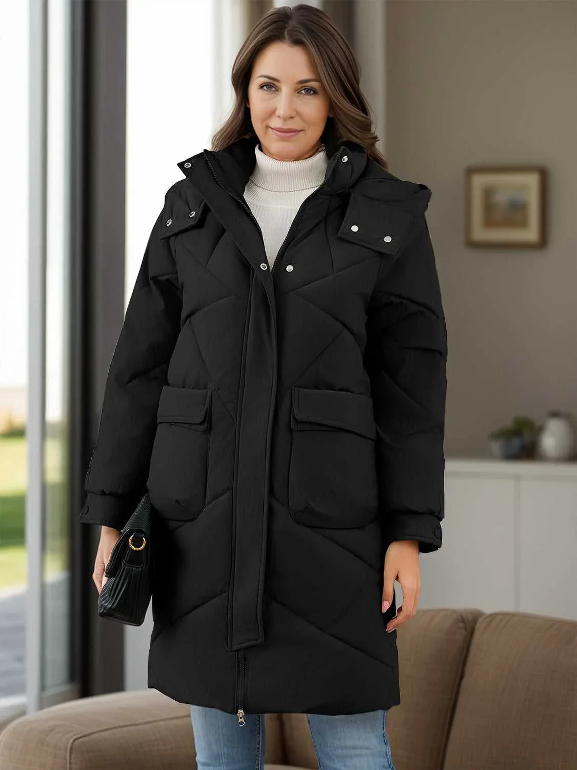 Long Sleeve Longline Hooded Winter Coat with Pockets -- 