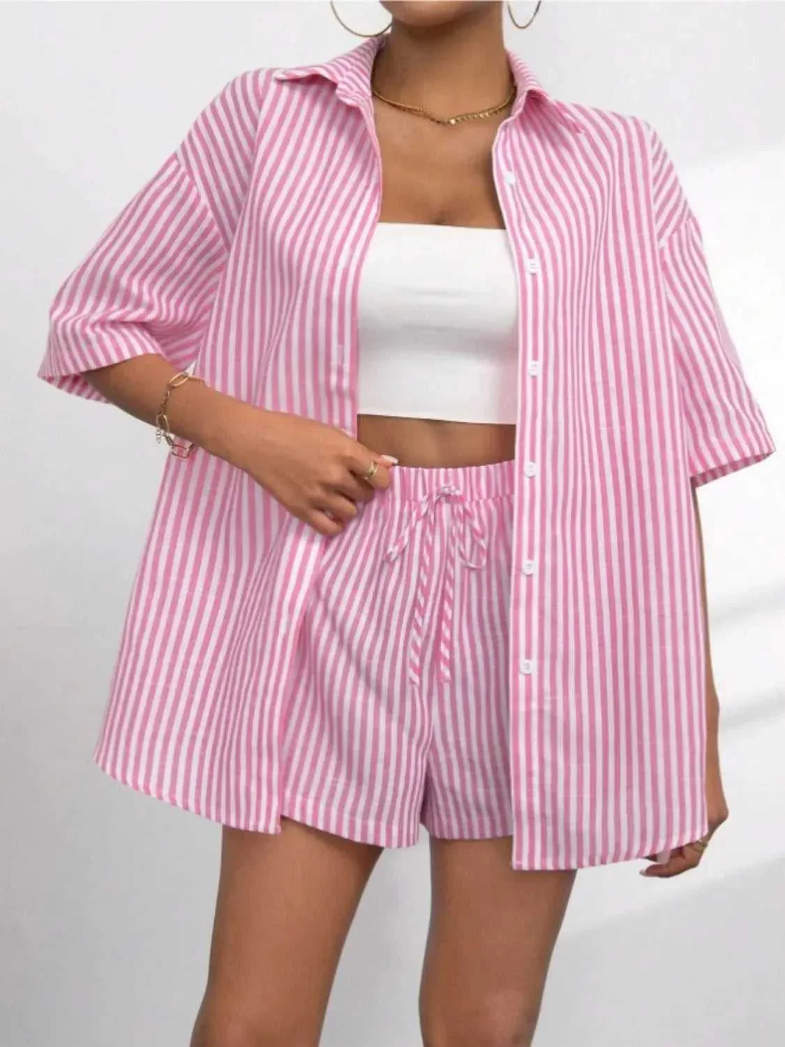 Striped Button Up Shirt and Shorts Set -- 