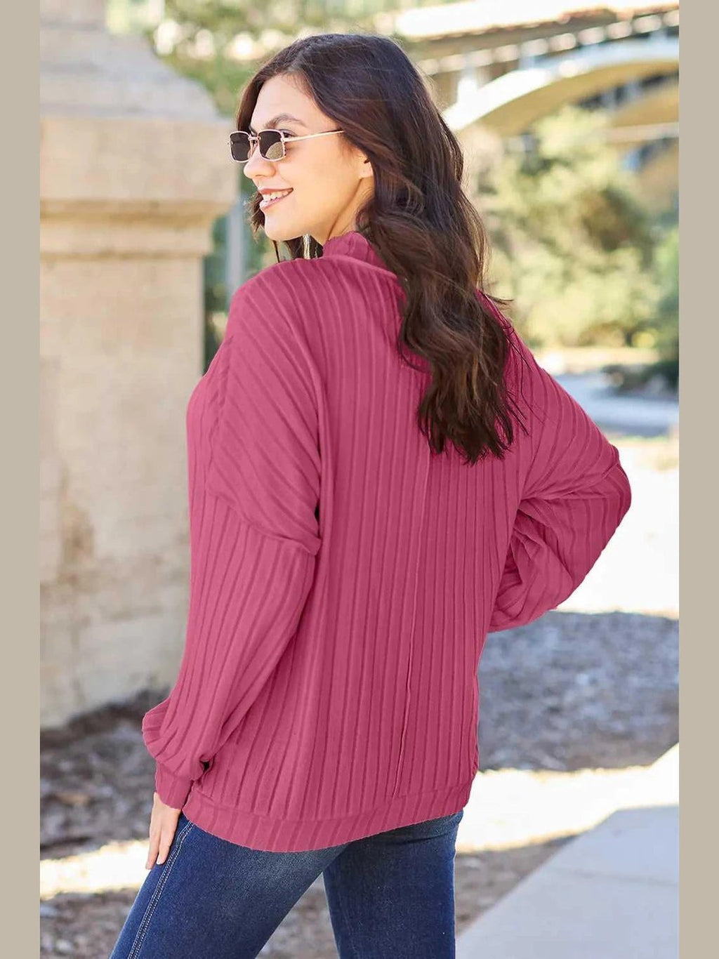 Basic Bae Full Size Ribbed Exposed Seam Mock Neck Knit Top -- 