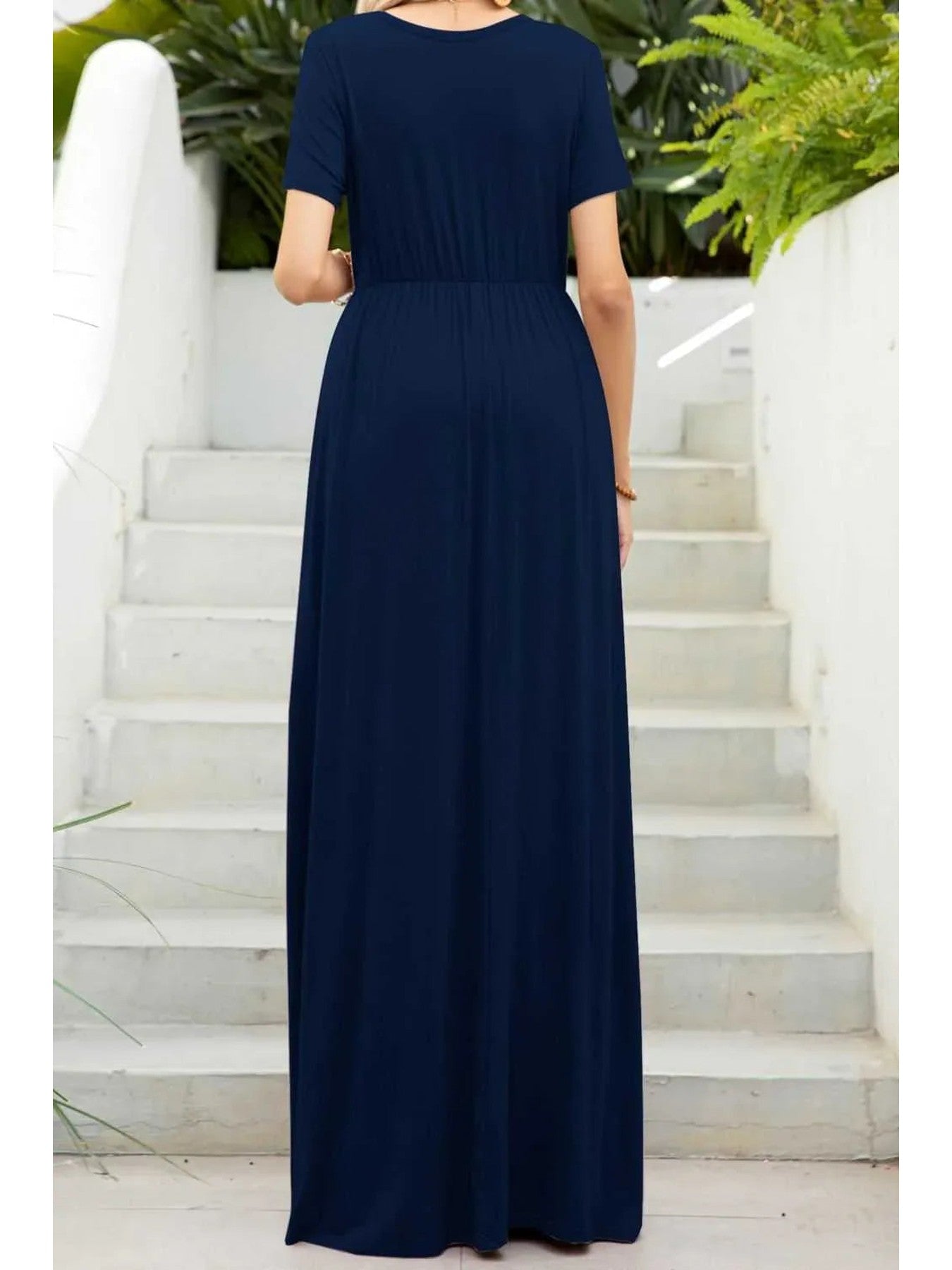 Round Neck Maxi Tee Dress with Pockets -- 