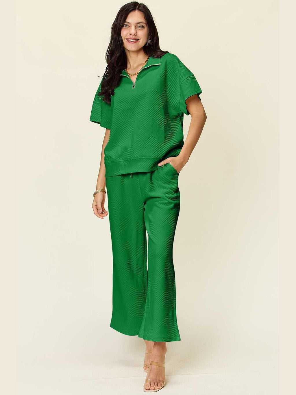 Double Take Full Size Texture Half Zip Short Sleeve Top and Pants Set -- 