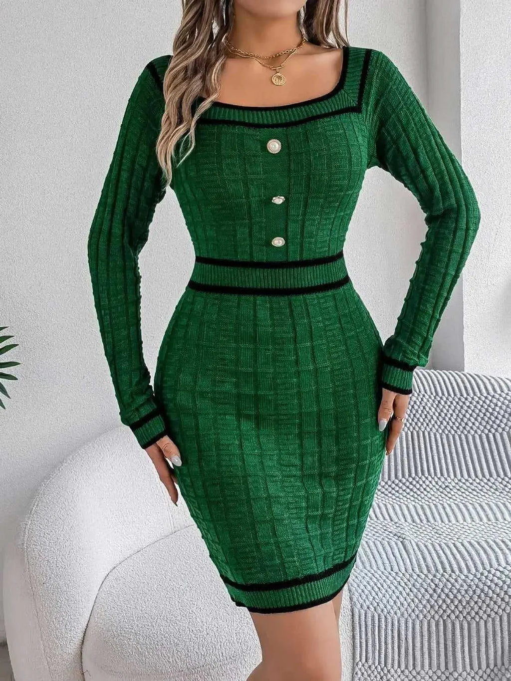 Contrast Trim Long Sleeve Sweater Dress -- 