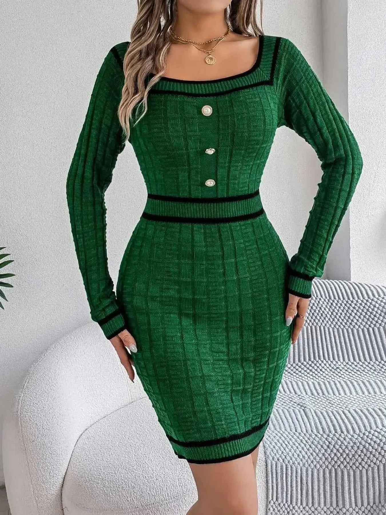 Contrast Trim Long Sleeve Sweater Dress -- 