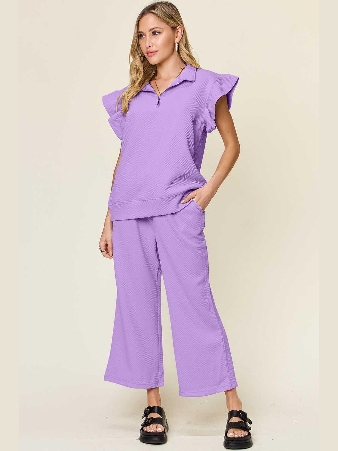Ruffle Short Sleeve Top and Drawstring Wide Leg Pants Set -- 