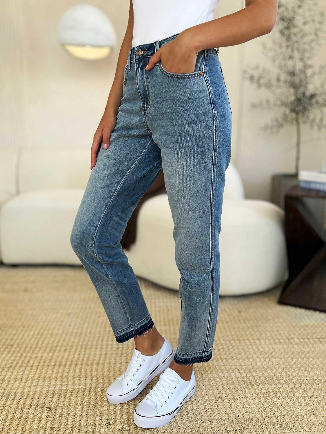 Judy Blue Full Size Mid Rise Rigid Magic Release Hem Jeans -- 